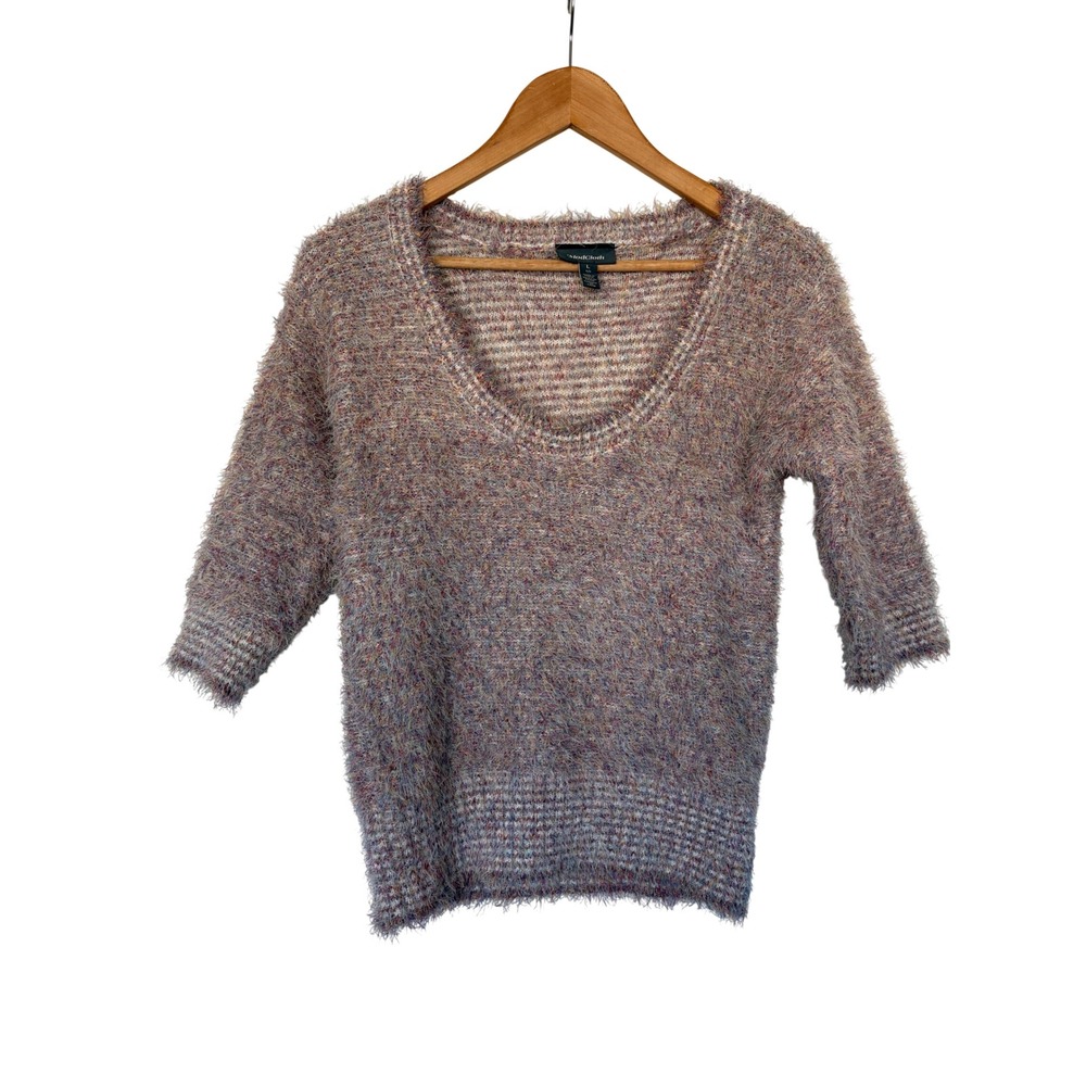 ModCloth Eyelash Knit Space Dye Colorful Winter Scoop Neck 3/4 Sleeve Sweater L